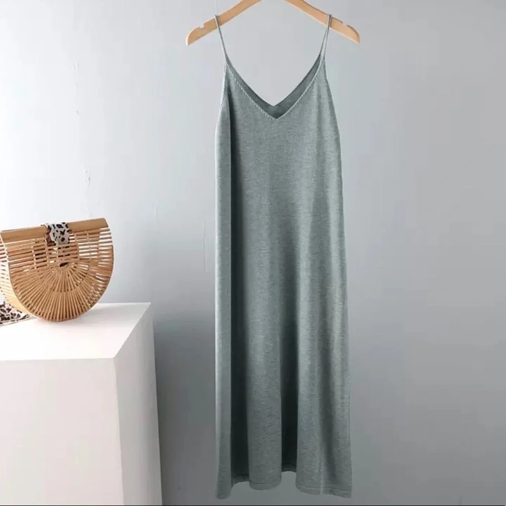 Cotton Dress tank basic women khaki blue cream black lime v-neck minimalist - Picture 1 of 15